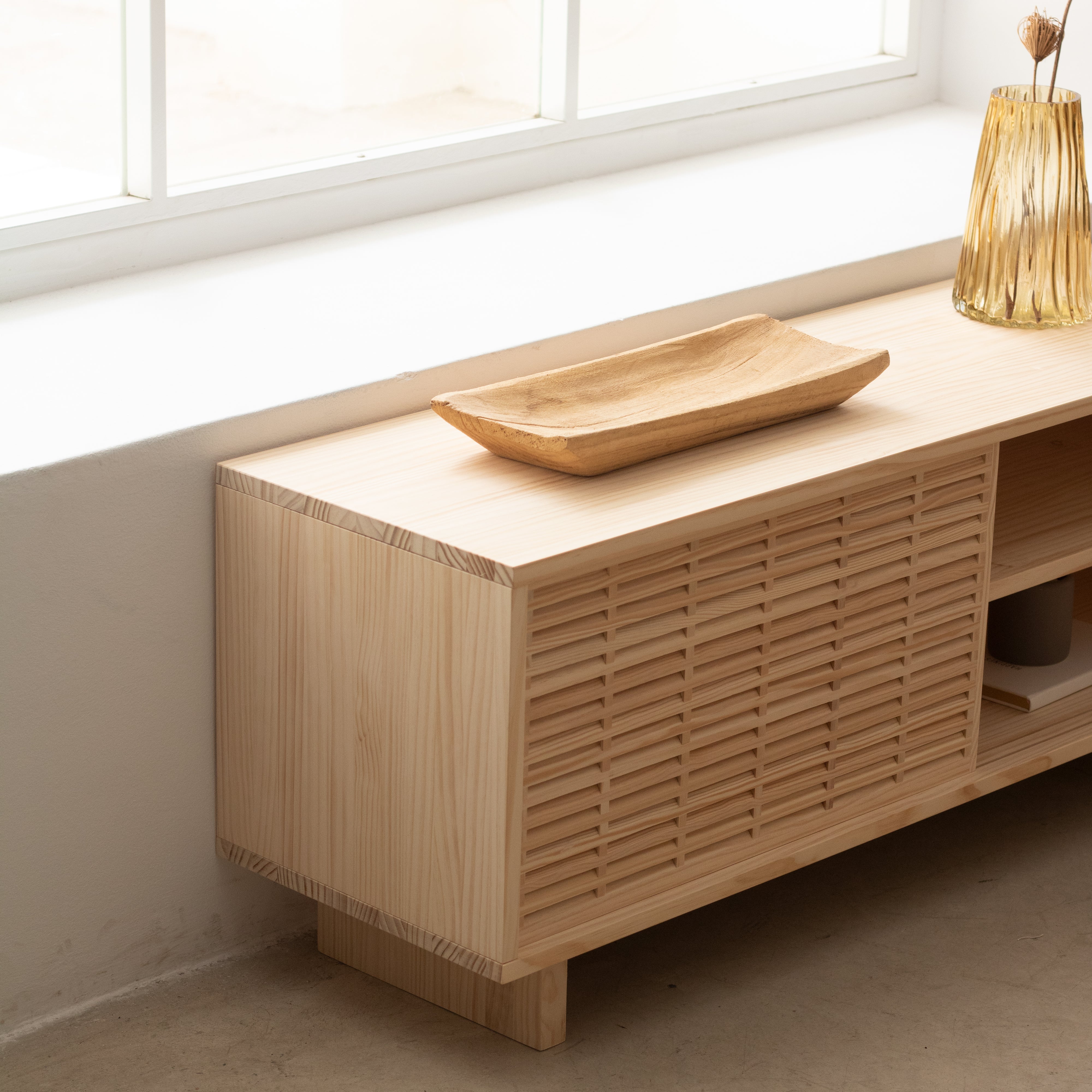 Mitjana TV stand of pine with 3 mallorquina doors 180 cm
