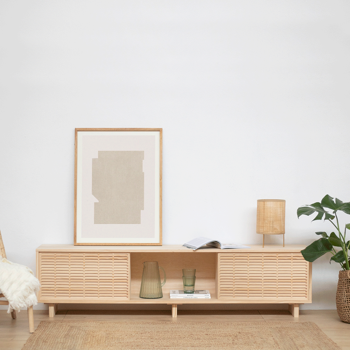 Mitjana TV stand of pine with 3 mallorquina doors 180 cm