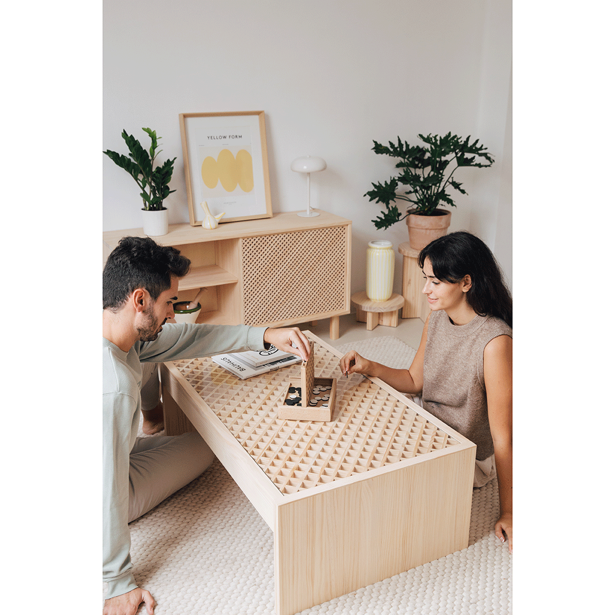 Vedella - Mesa de centro rectangular de madera pino con cristal 98cm