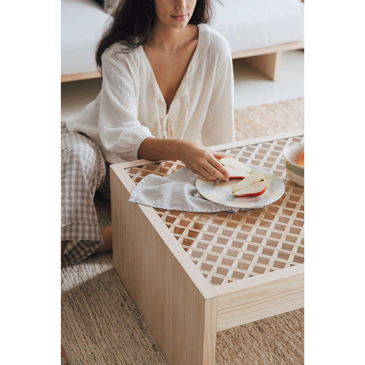 Vedella - Mesa de centro rectangular de madera pino con cristal 98cm