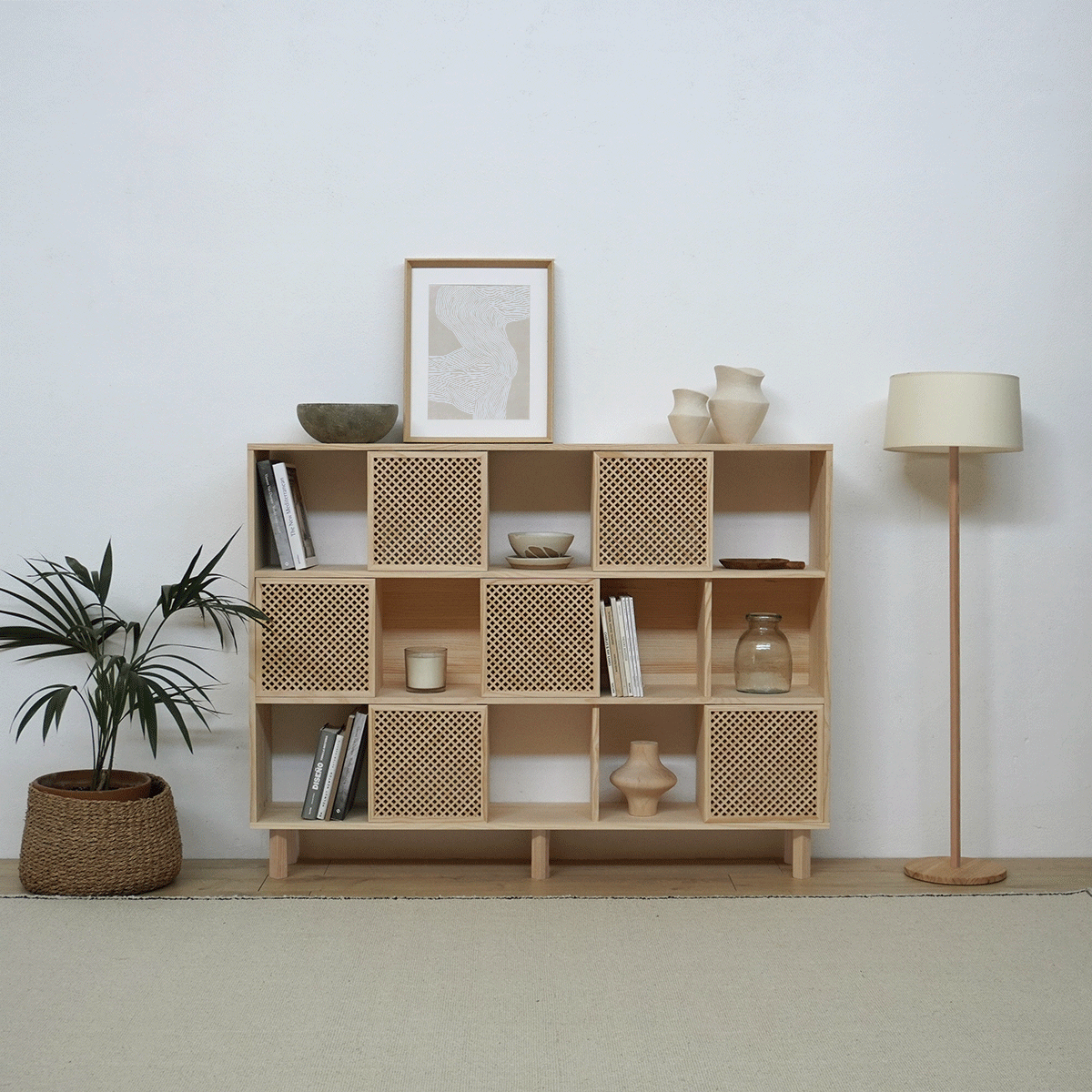 Shelving Porter in pine with 3 or 6 lattice doors 160 cm