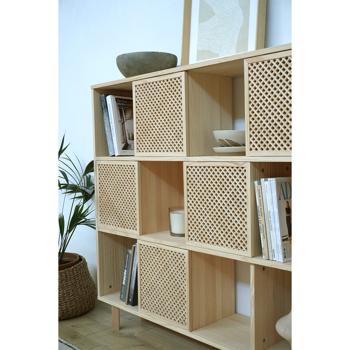 Shelving Porter in pine with 3 or 6 lattice doors 160 cm