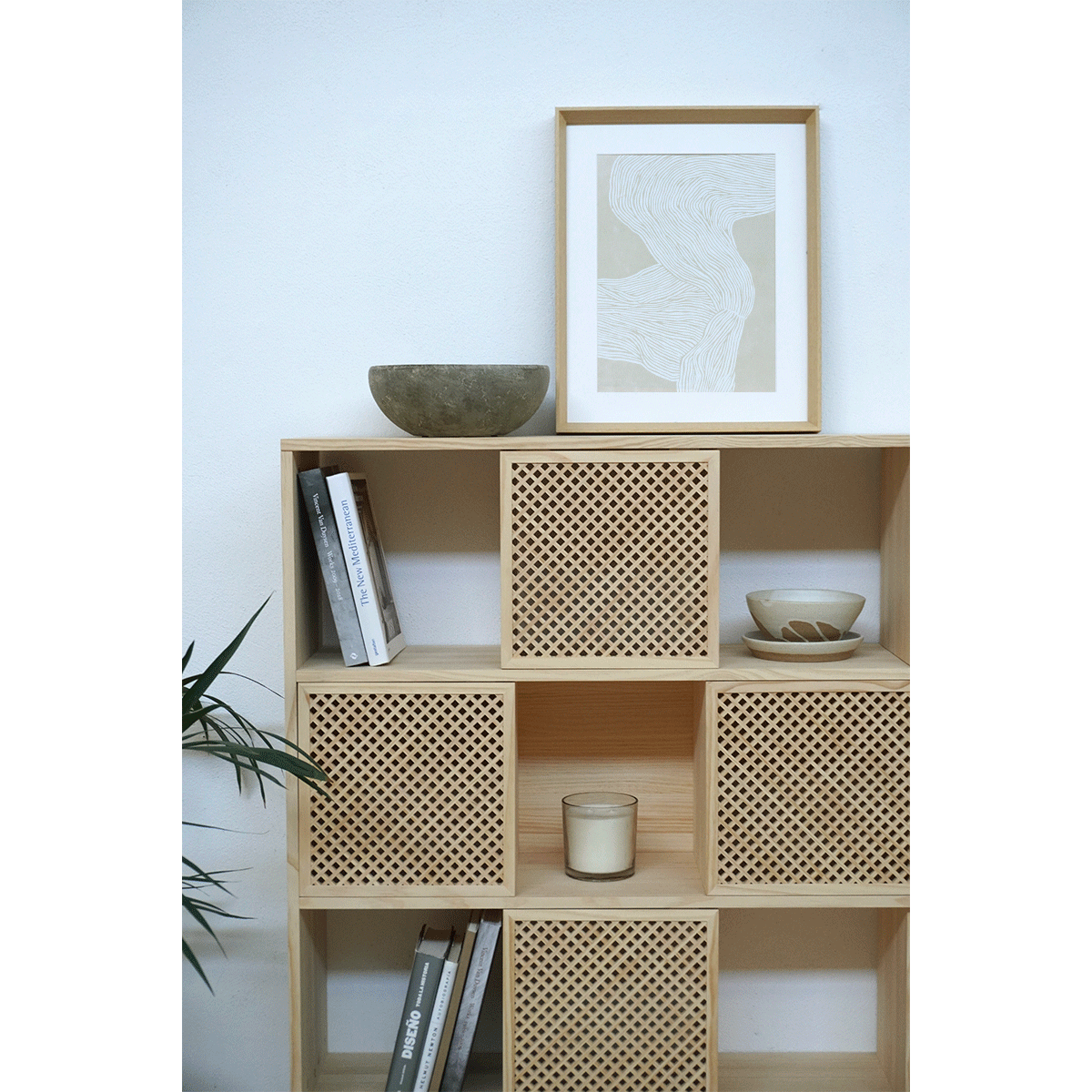 Shelving Porter in pine with 3 or 6 lattice doors 160 cm