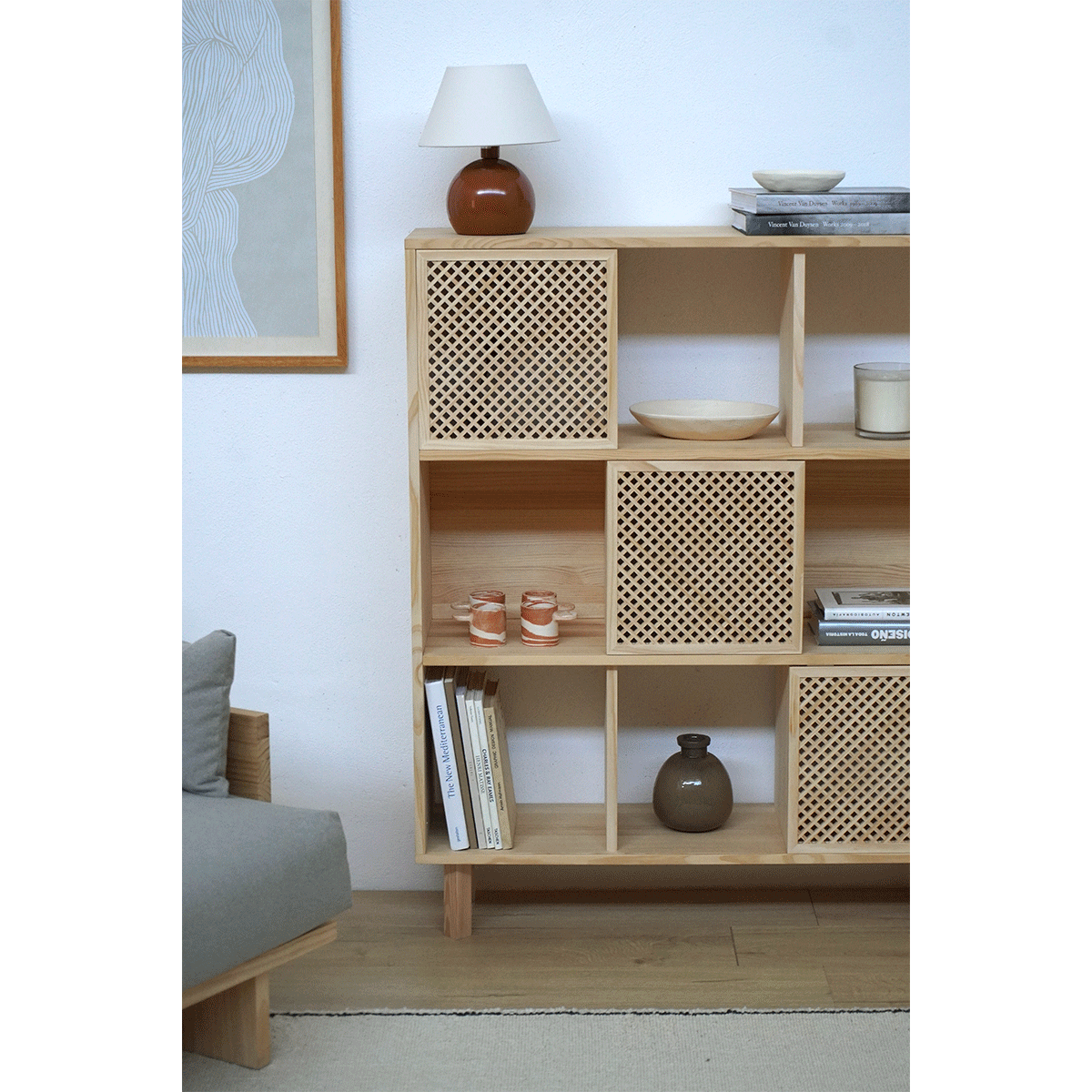Shelving Mica in pine with 3 doors 98 cm