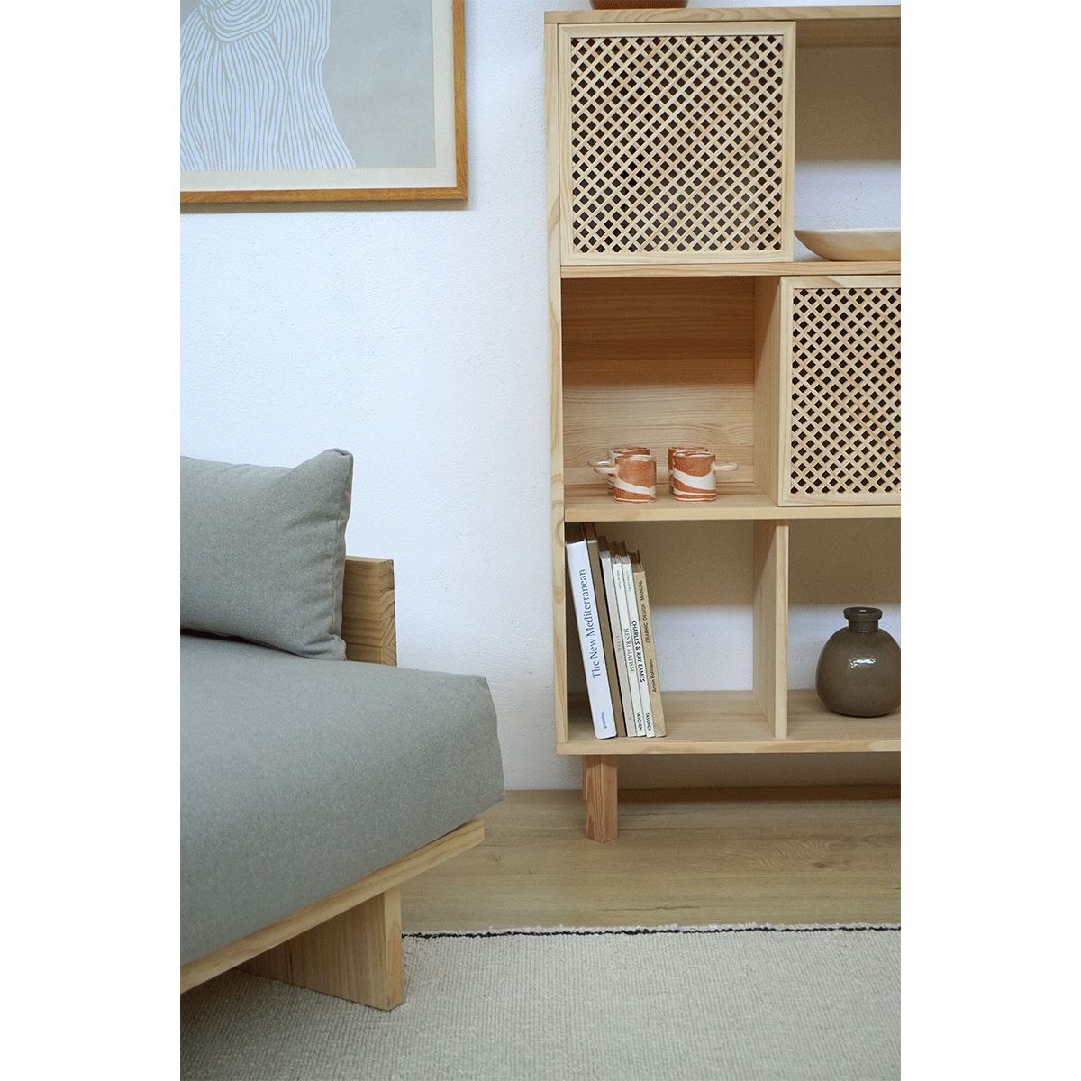 Shelving Mica in pine with 3 doors 98 cm