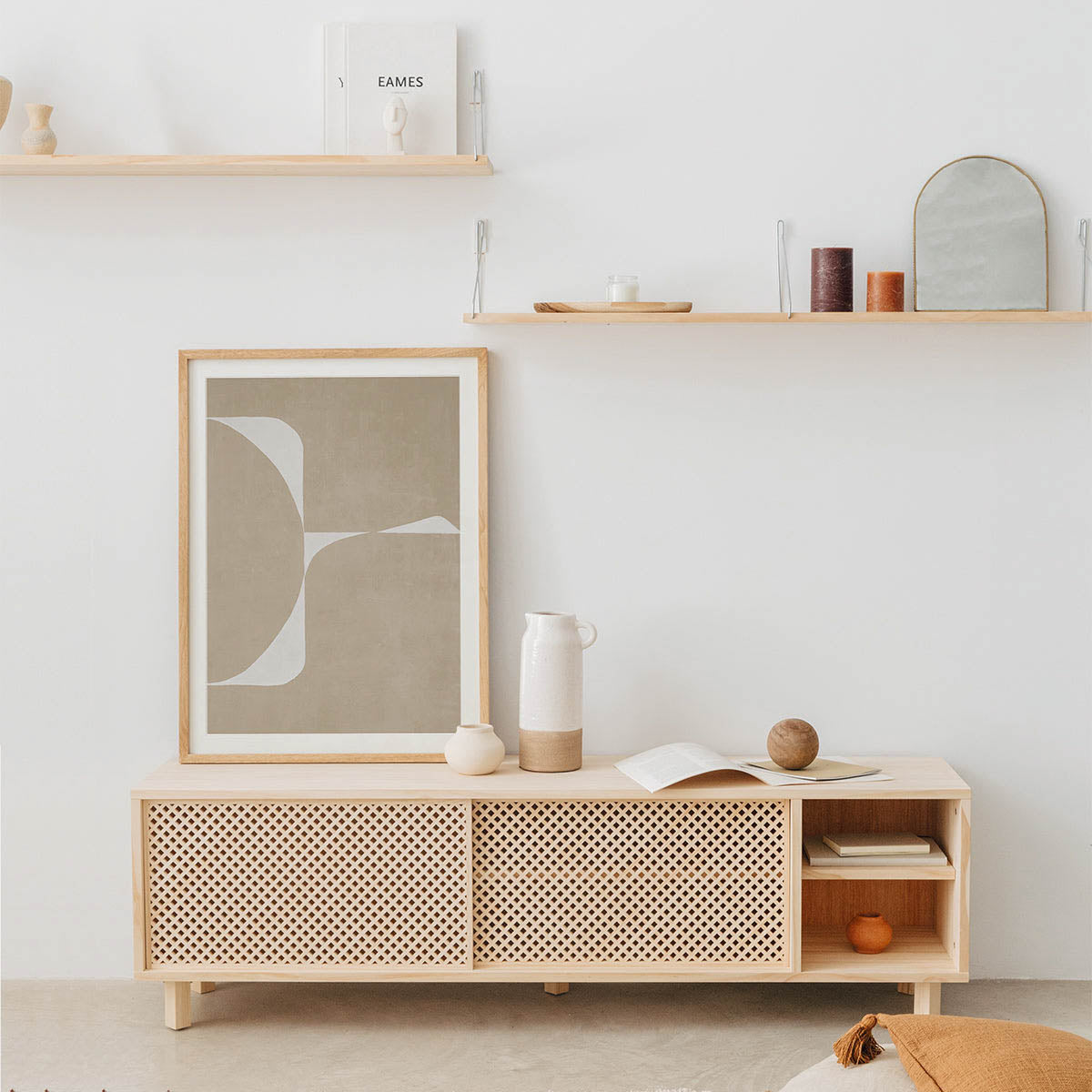 Mora TV stand of pine with 2 lattice doors 150 cm