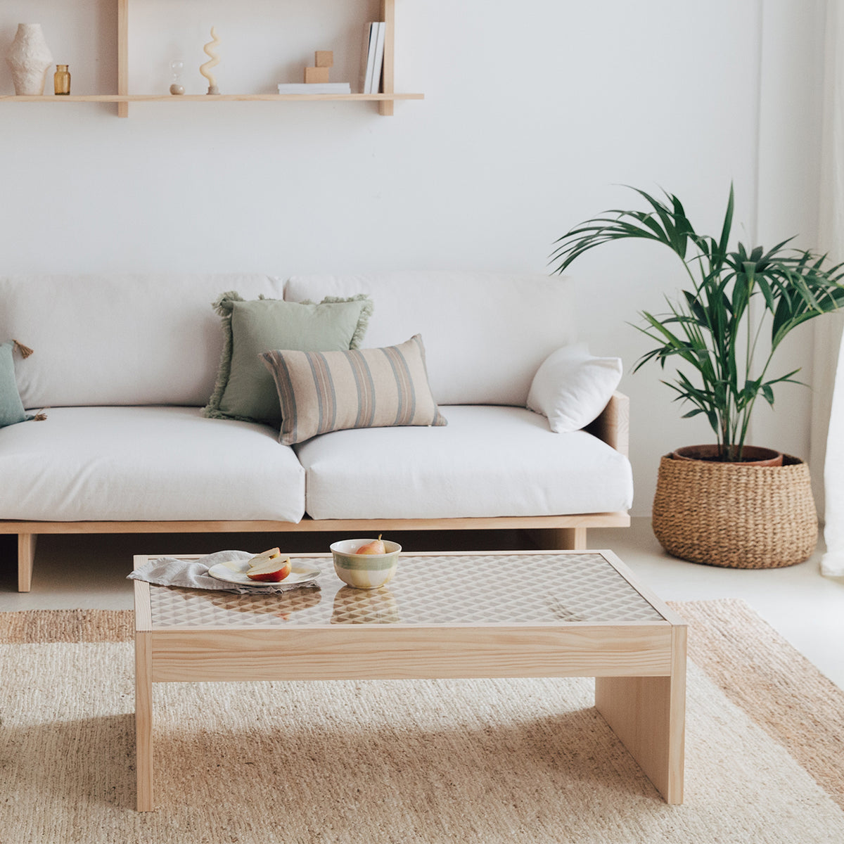 Vedella - Rectangular pine wood coffee table with glass 98 cm