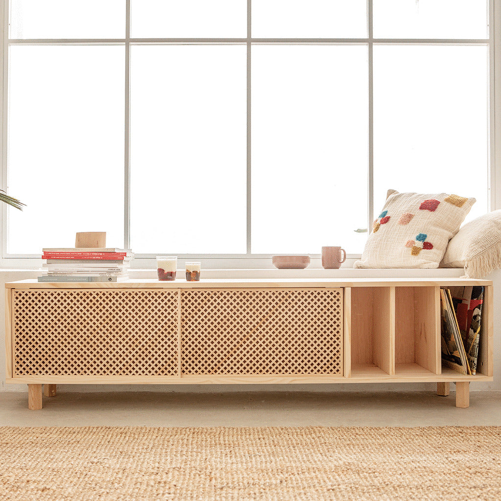 Saura TV stand of pine with 2 lattice doors 170 cm