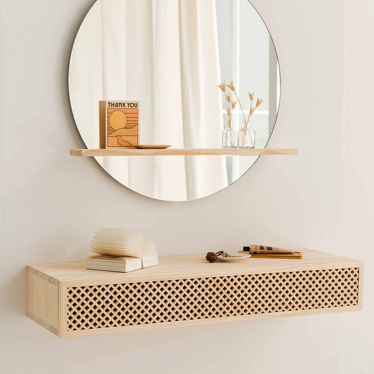 Meuble d'entrée mural en bois naturel 95cm - Ibiza