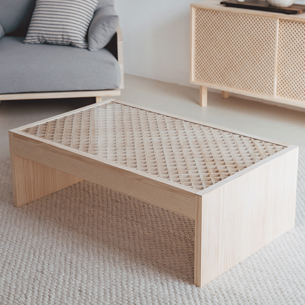 Vedella - Rectangular pine wood coffee table with glass 98 cm