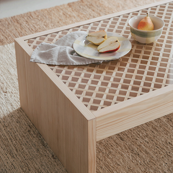 Vedella - Table basse rectangulaire en pin avec plateau en verre 98cm